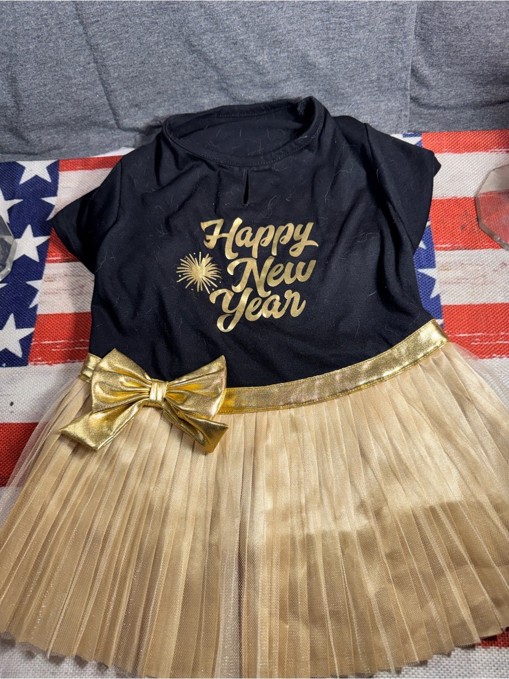 Black & Gold 'Happy New Year' Dog Dress - Festive Tulle Skirt